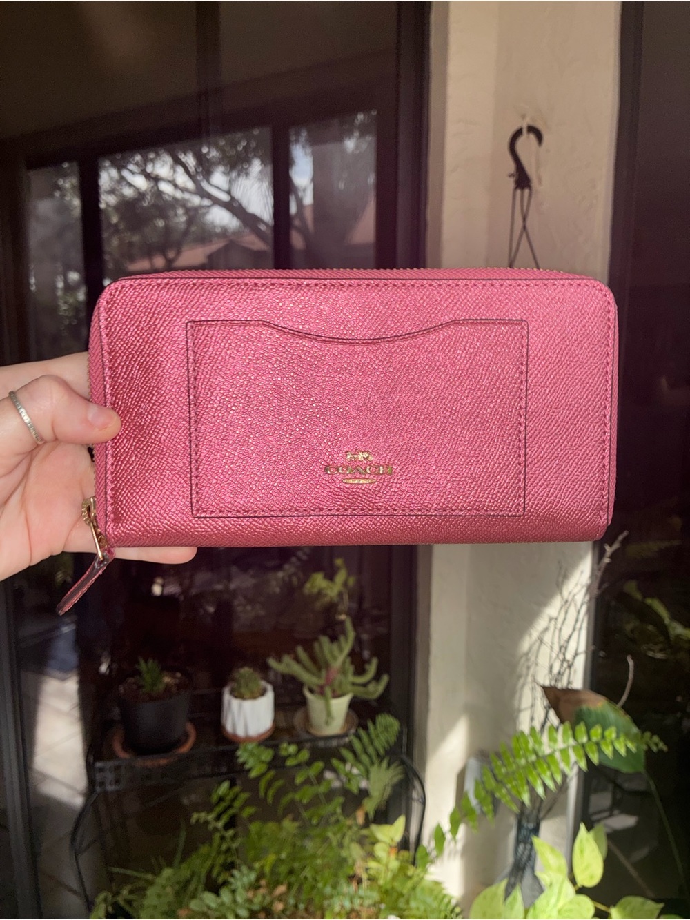 Coach Pink Saffiano Zip Wallet with Gold Logo